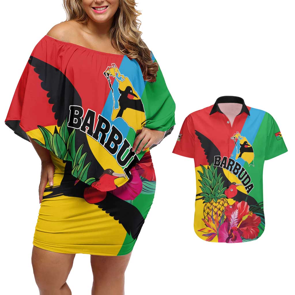 Personalised Barbuda Couples Matching Off Shoulder Short Dress and Hawaiian Shirt Frigate Bird Tropical Style