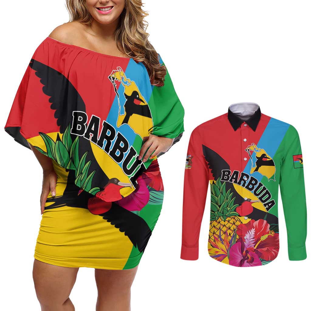 Personalised Barbuda Couples Matching Off Shoulder Short Dress and Long Sleeve Button Shirt Frigate Bird Tropical Style