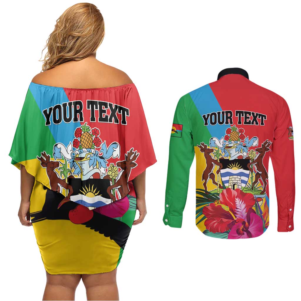 Personalised Barbuda Couples Matching Off Shoulder Short Dress and Long Sleeve Button Shirt Frigate Bird Tropical Style