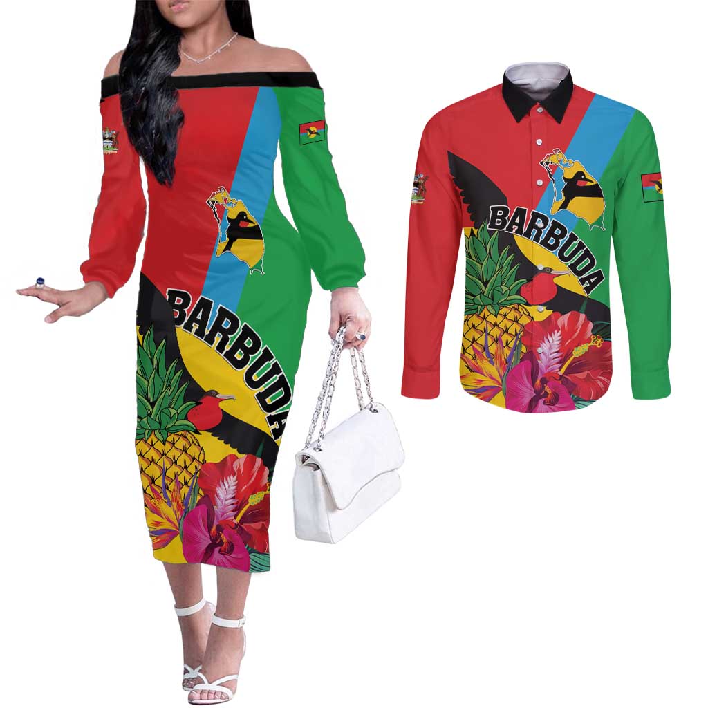 Personalised Barbuda Couples Matching Off The Shoulder Long Sleeve Dress and Long Sleeve Button Shirt Frigate Bird Tropical Style
