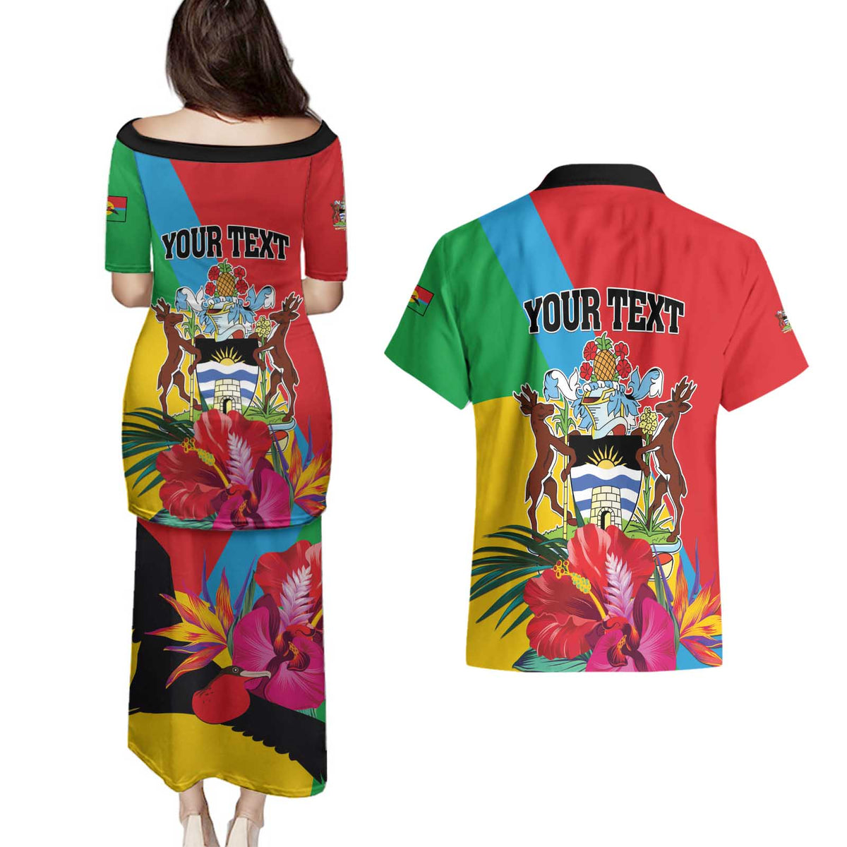 Personalised Barbuda Couples Matching Puletasi and Hawaiian Shirt Frigate Bird Tropical Style