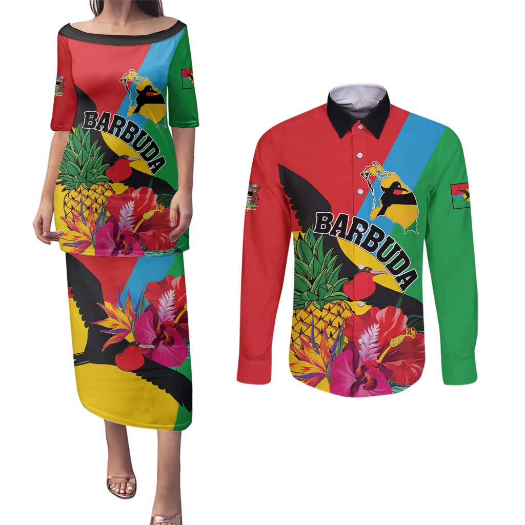 Personalised Barbuda Couples Matching Puletasi and Long Sleeve Button Shirt Frigate Bird Tropical Style