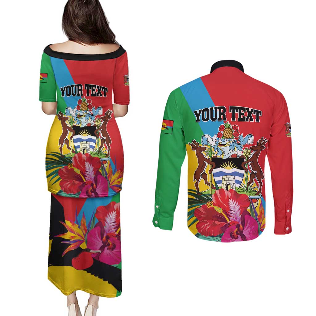 Personalised Barbuda Couples Matching Puletasi and Long Sleeve Button Shirt Frigate Bird Tropical Style