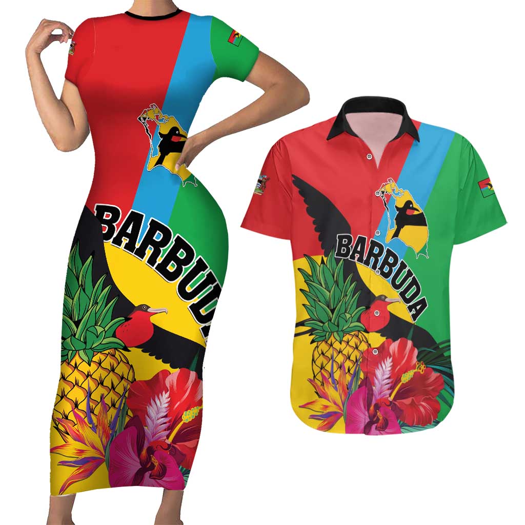 Personalised Barbuda Couples Matching Short Sleeve Bodycon Dress and Hawaiian Shirt Frigate Bird Tropical Style