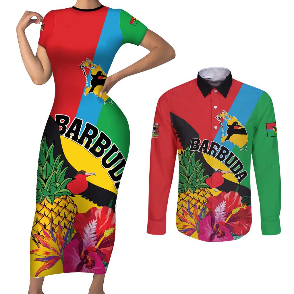 Personalised Barbuda Couples Matching Short Sleeve Bodycon Dress and Long Sleeve Button Shirt Frigate Bird Tropical Style