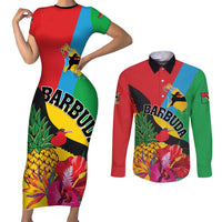 Personalised Barbuda Couples Matching Short Sleeve Bodycon Dress and Long Sleeve Button Shirt Frigate Bird Tropical Style