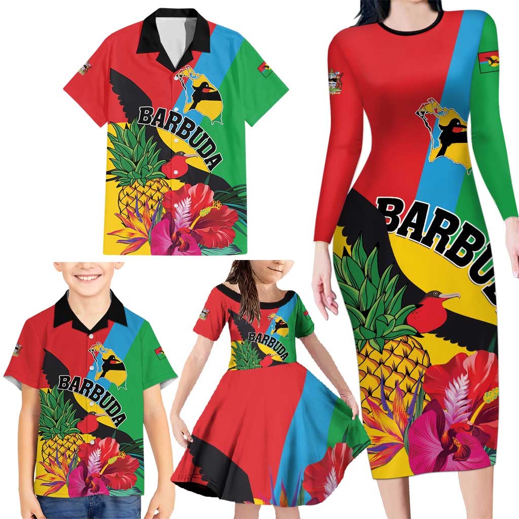 Personalised Barbuda Family Matching Long Sleeve Bodycon Dress and Hawaiian Shirt Frigate Bird Tropical Style
