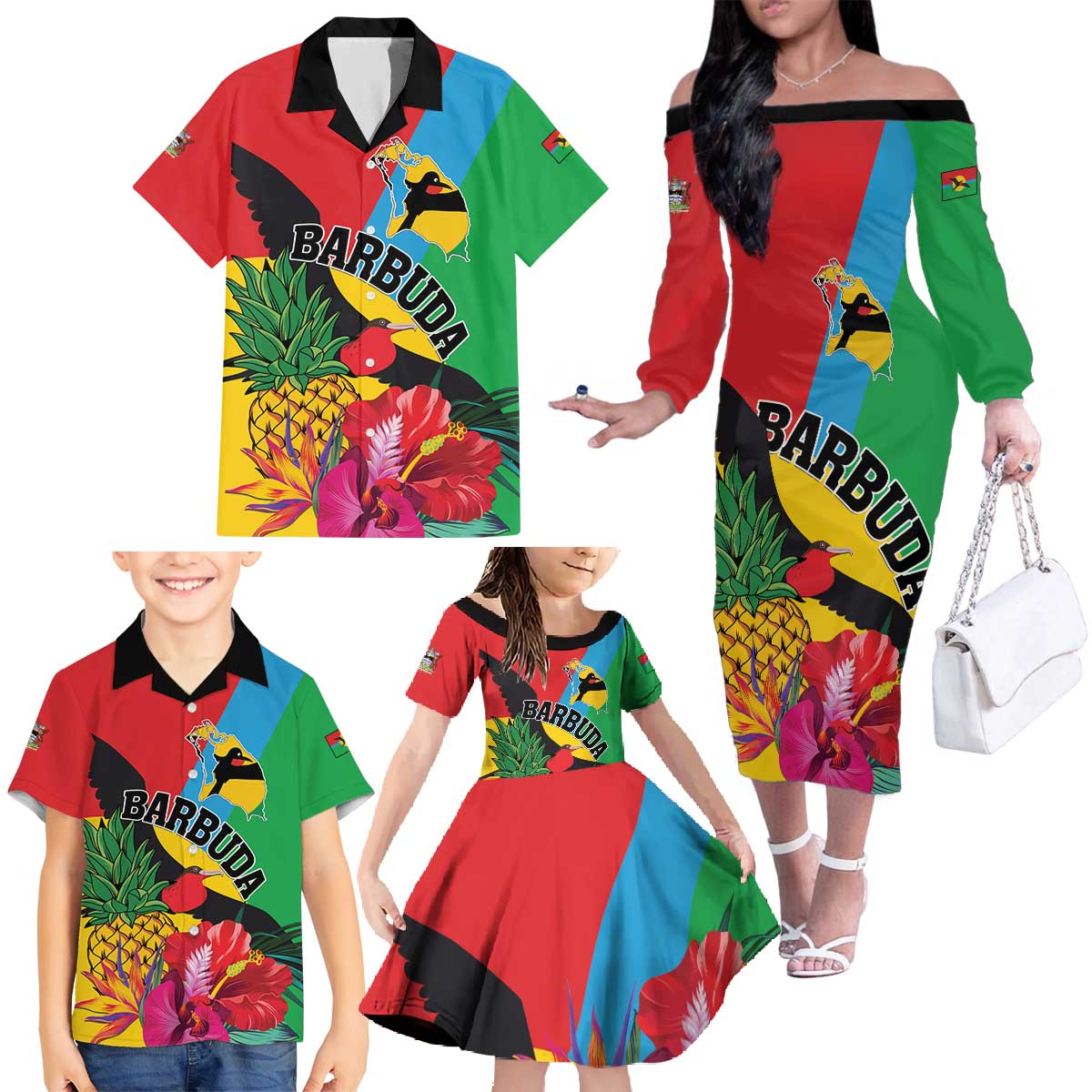 Personalised Barbuda Family Matching Off The Shoulder Long Sleeve Dress and Hawaiian Shirt Frigate Bird Tropical Style