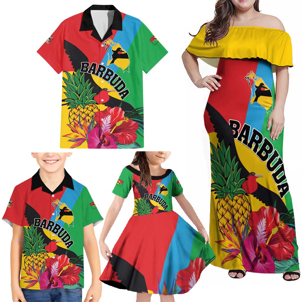Personalised Barbuda Family Matching Off Shoulder Maxi Dress and Hawaiian Shirt Frigate Bird Tropical Style - Wonder Print Shop