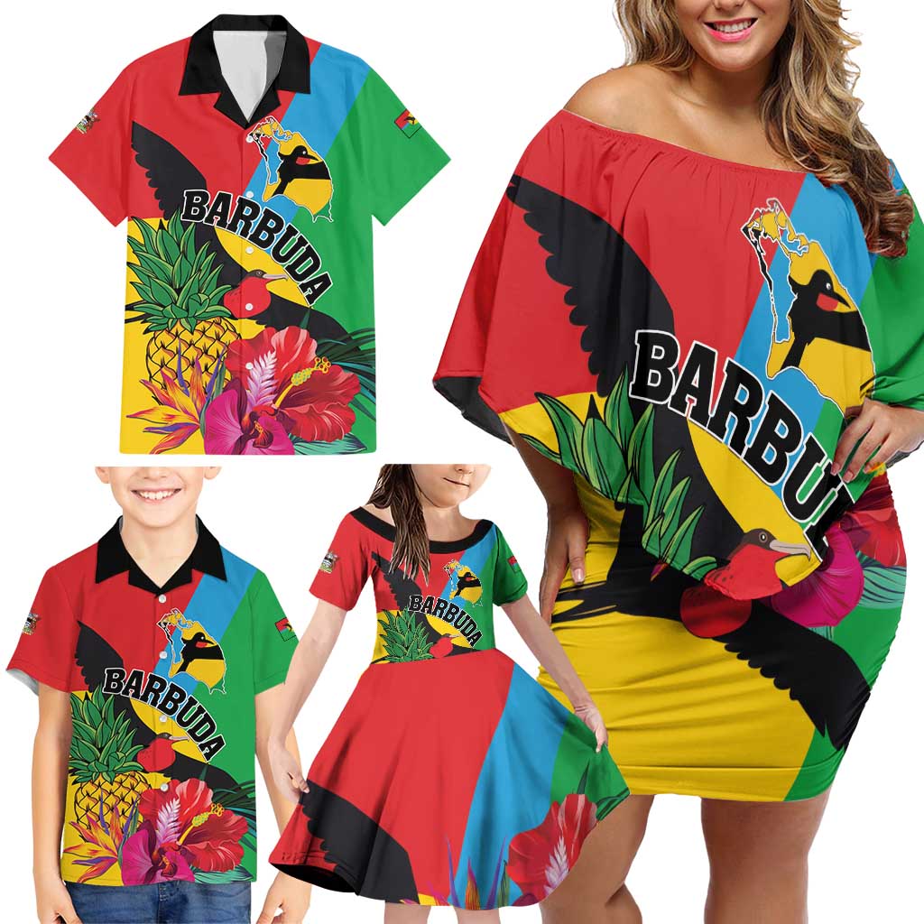 Personalised Barbuda Family Matching Off Shoulder Short Dress and Hawaiian Shirt Frigate Bird Tropical Style - Wonder Print Shop