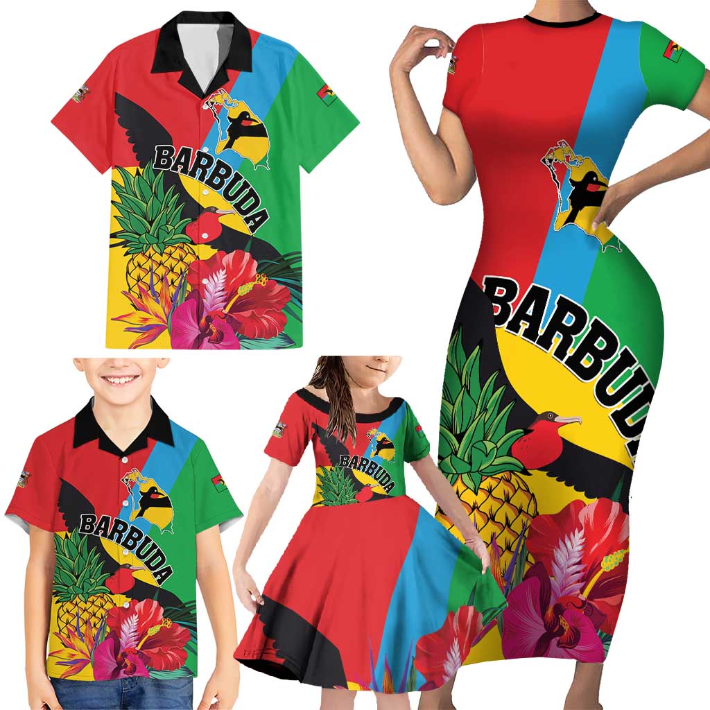 Personalised Barbuda Family Matching Short Sleeve Bodycon Dress and Hawaiian Shirt Frigate Bird Tropical Style - Wonder Print Shop