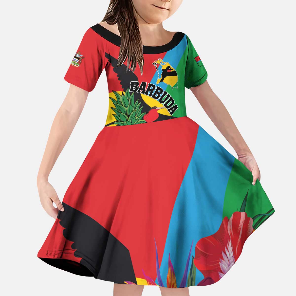Personalised Barbuda Kid Short Sleeve Dress Frigate Bird Tropical Style - Wonder Print Shop