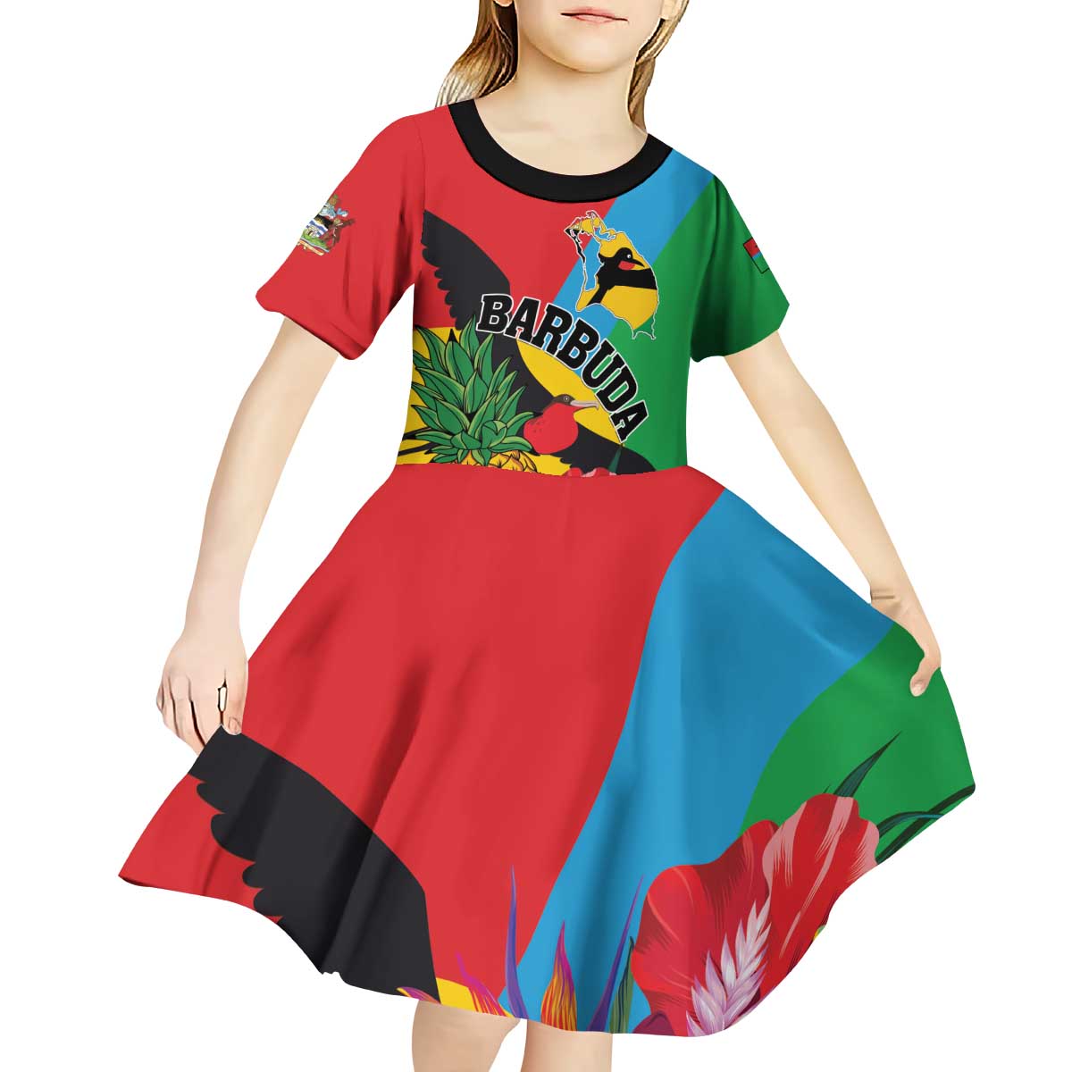 Personalised Barbuda Kid Short Sleeve Dress Frigate Bird Tropical Style - Wonder Print Shop