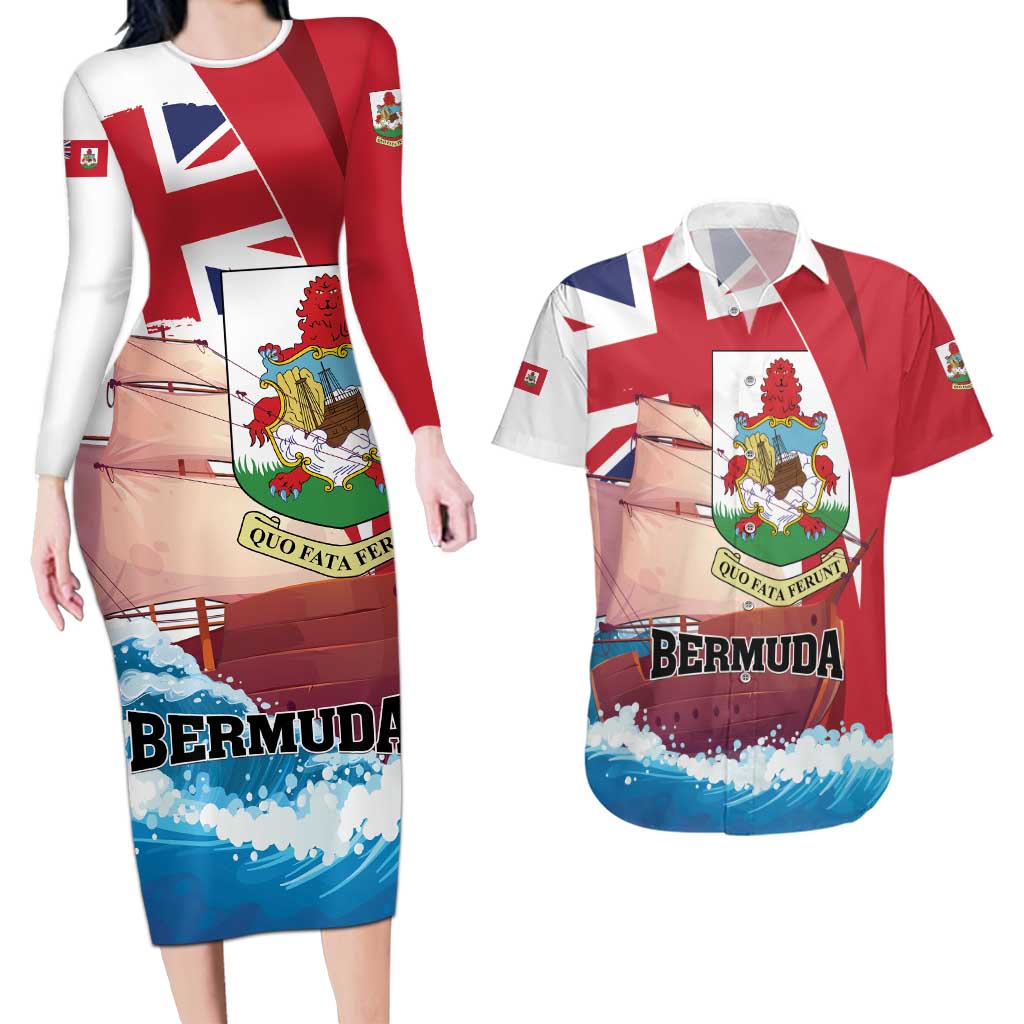Personalised Bermuda Couples Matching Long Sleeve Bodycon Dress and Hawaiian Shirt Quo Fata Ferunt