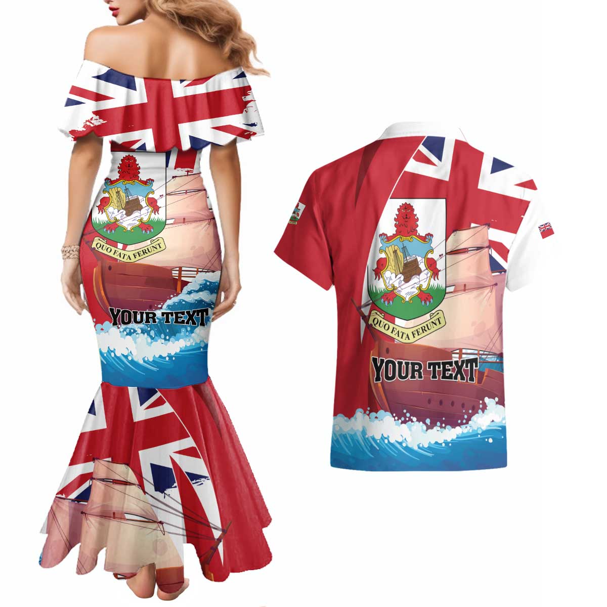 Personalised Bermuda Couples Matching Mermaid Dress and Hawaiian Shirt Quo Fata Ferunt
