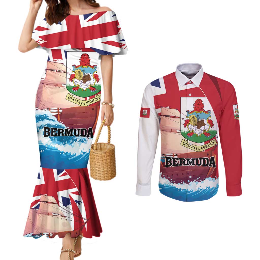 Personalised Bermuda Couples Matching Mermaid Dress and Long Sleeve Button Shirt Quo Fata Ferunt