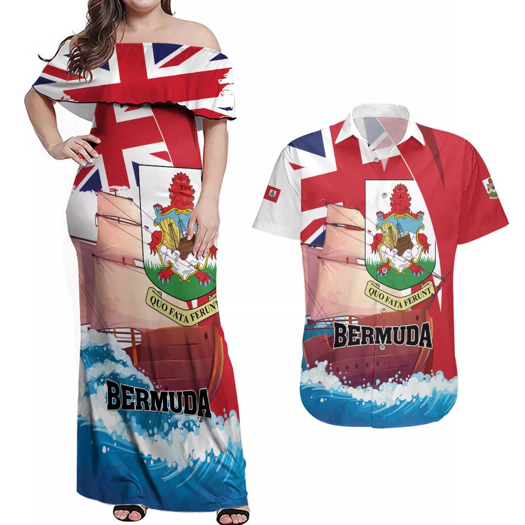 Personalised Bermuda Couples Matching Off Shoulder Maxi Dress and Hawaiian Shirt Quo Fata Ferunt