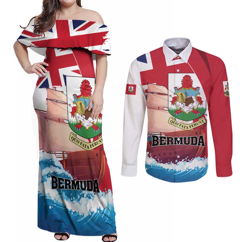 Personalised Bermuda Couples Matching Off Shoulder Maxi Dress and Long Sleeve Button Shirt Quo Fata Ferunt