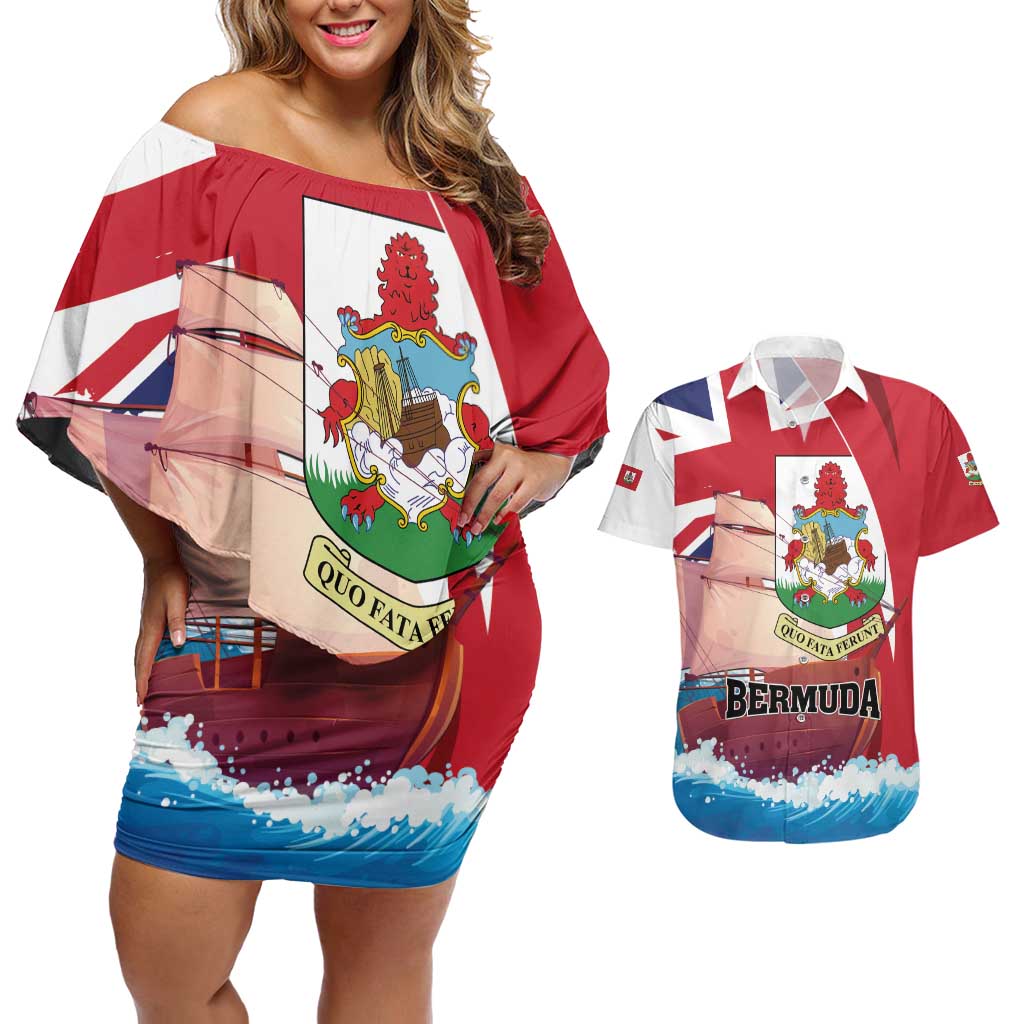 Personalised Bermuda Couples Matching Off Shoulder Short Dress and Hawaiian Shirt Quo Fata Ferunt