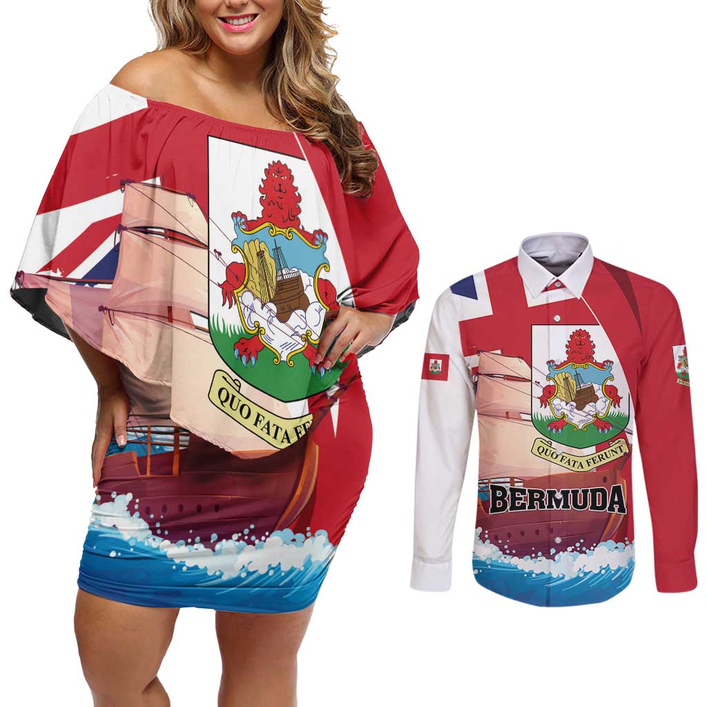 Personalised Bermuda Couples Matching Off Shoulder Short Dress and Long Sleeve Button Shirt Quo Fata Ferunt
