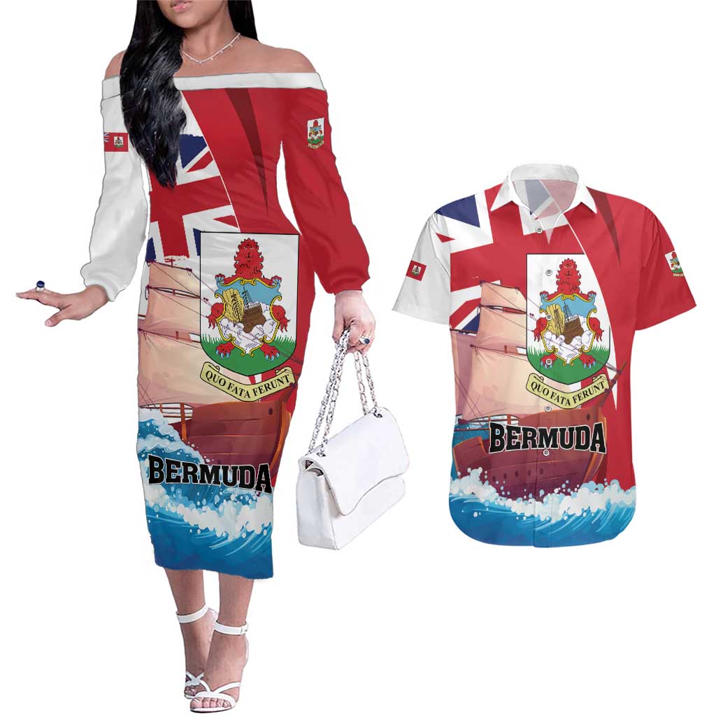 Personalised Bermuda Couples Matching Off The Shoulder Long Sleeve Dress and Hawaiian Shirt Quo Fata Ferunt