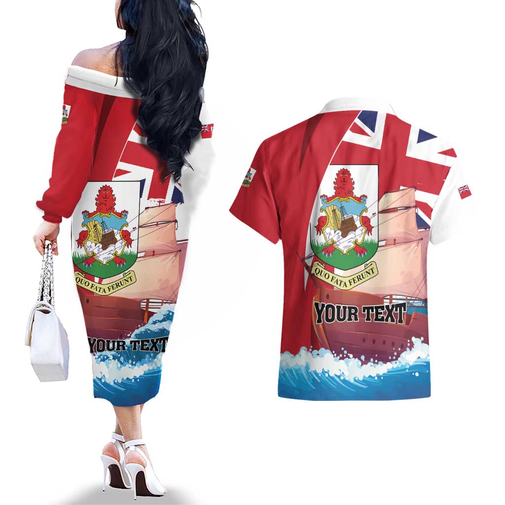 Personalised Bermuda Couples Matching Off The Shoulder Long Sleeve Dress and Hawaiian Shirt Quo Fata Ferunt