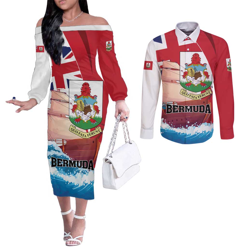 Personalised Bermuda Couples Matching Off The Shoulder Long Sleeve Dress and Long Sleeve Button Shirt Quo Fata Ferunt