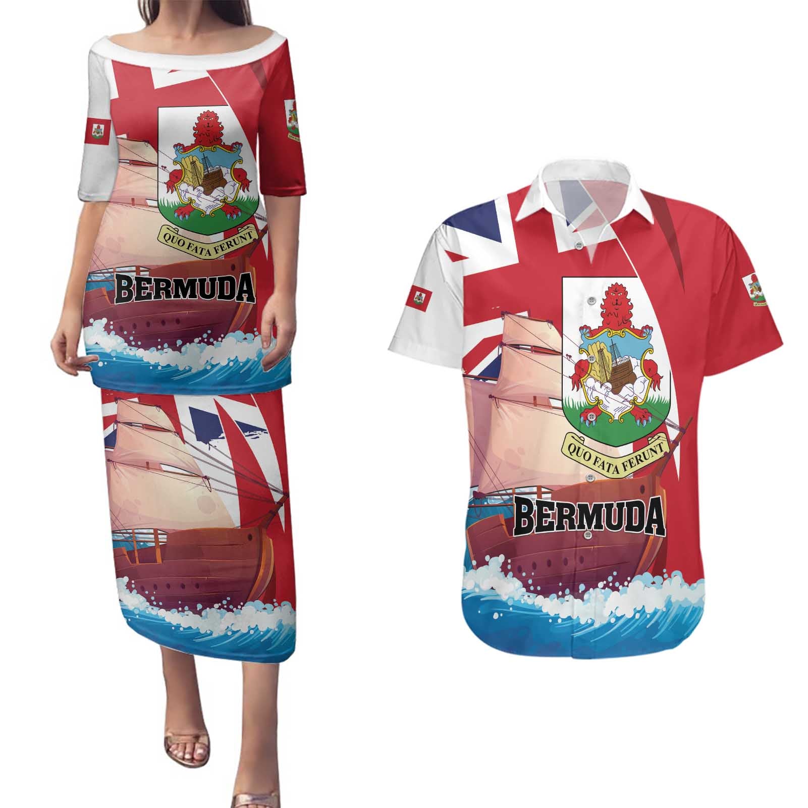 Personalised Bermuda Couples Matching Puletasi and Hawaiian Shirt Quo Fata Ferunt