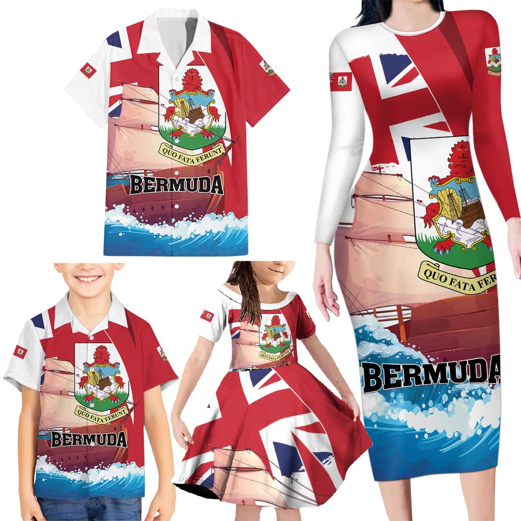 Personalised Bermuda Family Matching Long Sleeve Bodycon Dress and Hawaiian Shirt Quo Fata Ferunt