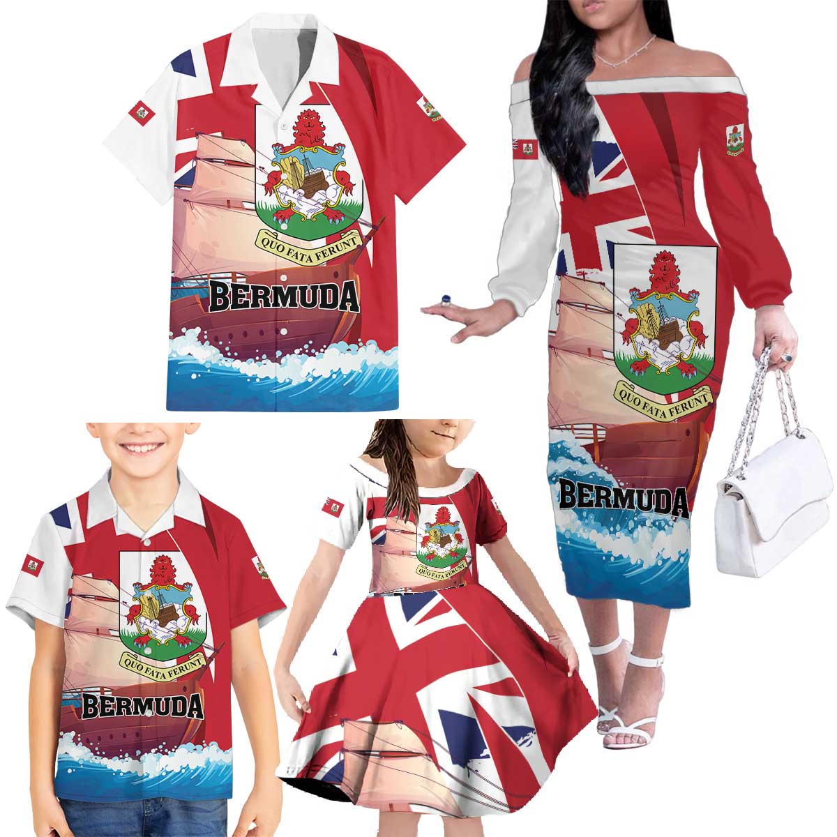 Personalised Bermuda Family Matching Off The Shoulder Long Sleeve Dress and Hawaiian Shirt Quo Fata Ferunt