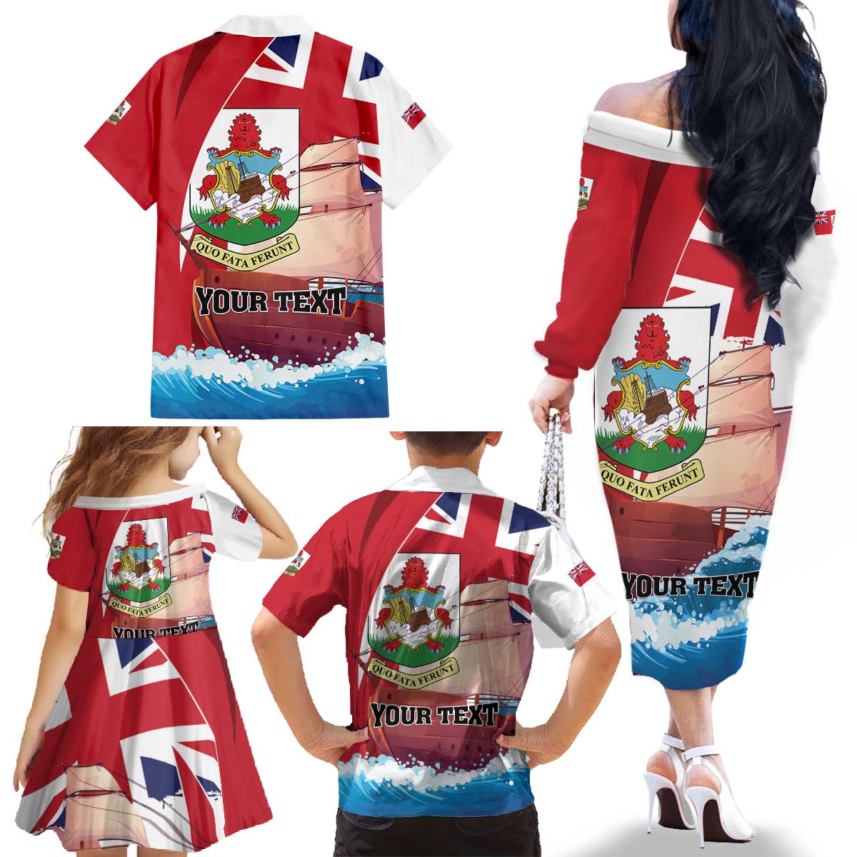Personalised Bermuda Family Matching Off The Shoulder Long Sleeve Dress and Hawaiian Shirt Quo Fata Ferunt