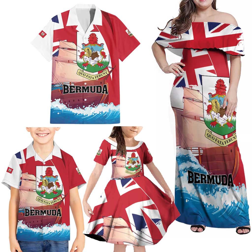 Personalised Bermuda Family Matching Off Shoulder Maxi Dress and Hawaiian Shirt Quo Fata Ferunt - Wonder Print Shop
