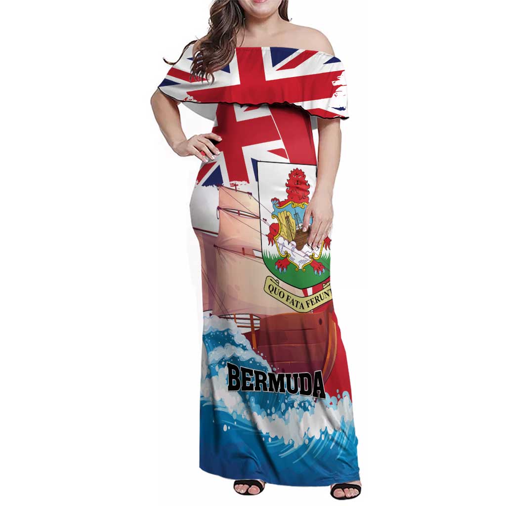 Personalised Bermuda Family Matching Off Shoulder Maxi Dress and Hawaiian Shirt Quo Fata Ferunt - Wonder Print Shop
