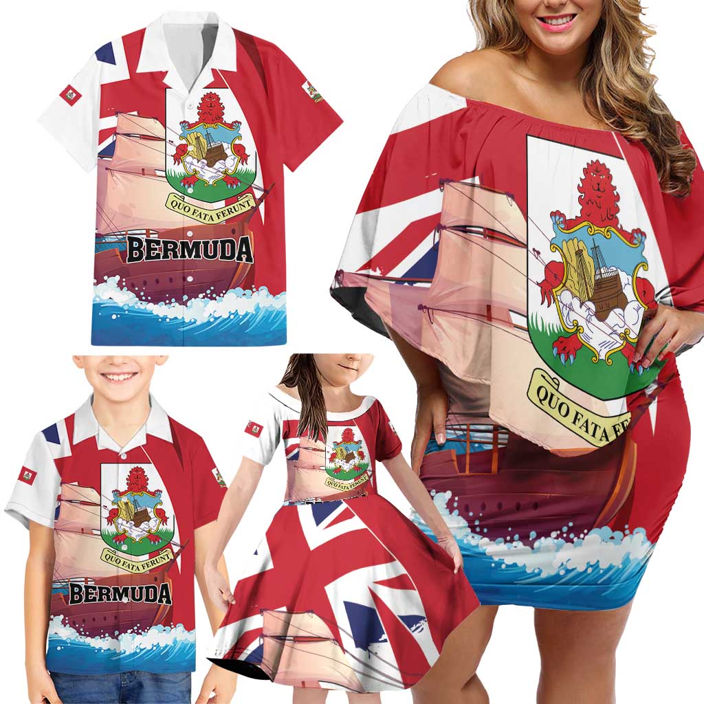 Personalised Bermuda Family Matching Off Shoulder Short Dress and Hawaiian Shirt Quo Fata Ferunt - Wonder Print Shop