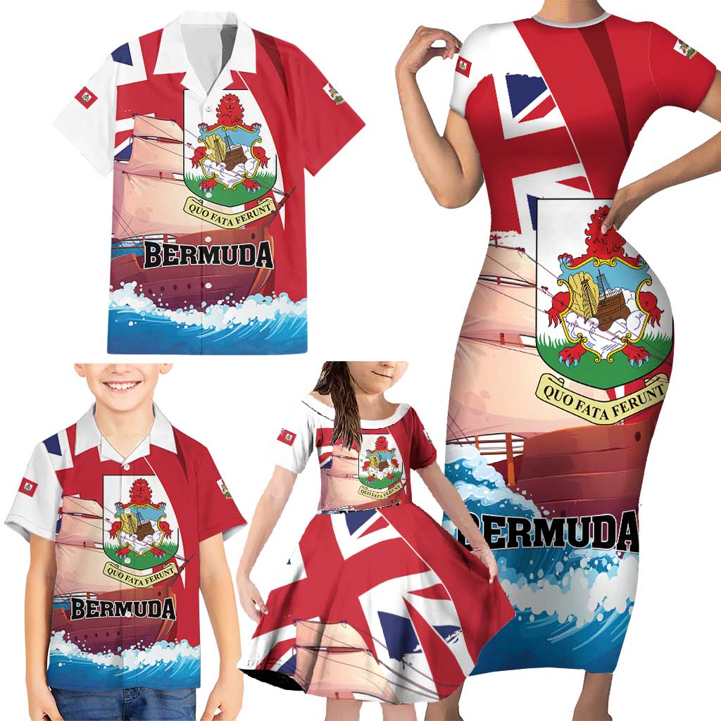 Personalised Bermuda Family Matching Short Sleeve Bodycon Dress and Hawaiian Shirt Quo Fata Ferunt - Wonder Print Shop