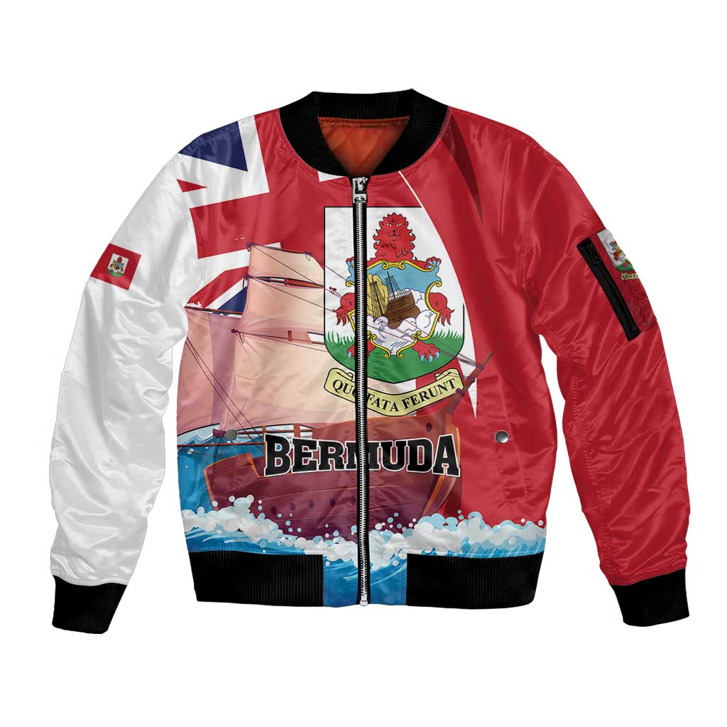 Personalised Bermuda Sleeve Zip Bomber Jacket Quo Fata Ferunt - Wonder Print Shop