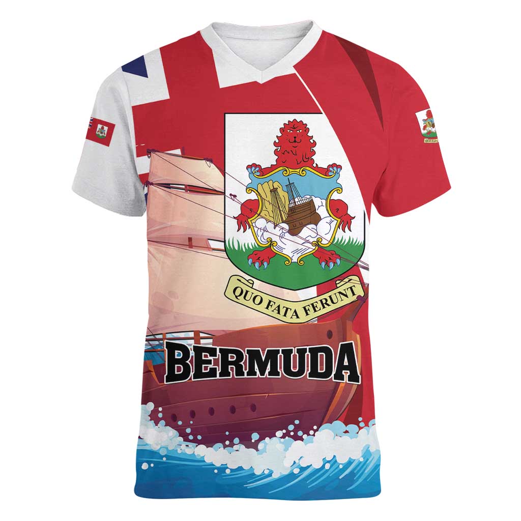 Personalised Bermuda Women V-Neck T-Shirt Quo Fata Ferunt - Wonder Print Shop