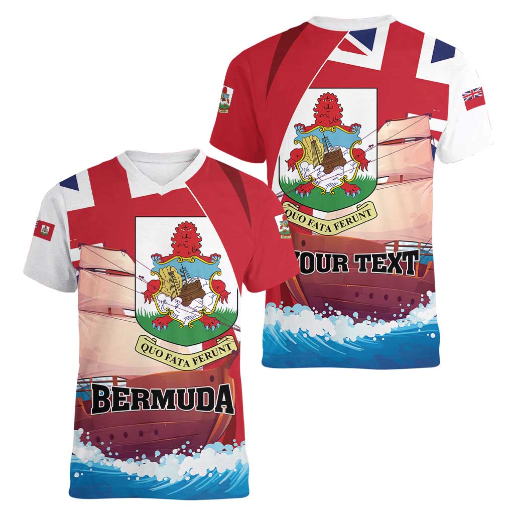 Personalised Bermuda Women V-Neck T-Shirt Quo Fata Ferunt - Wonder Print Shop