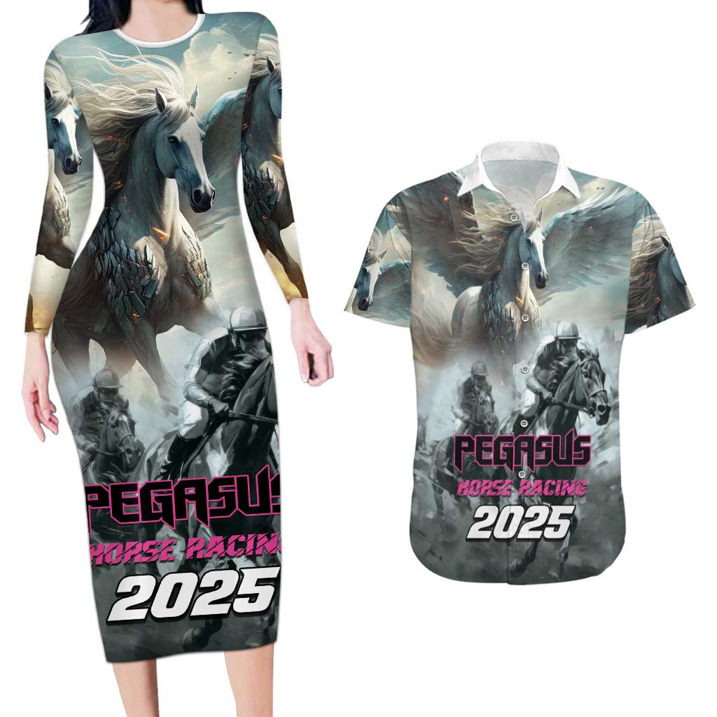 Personalized Pegasus Horse Racing 2025 Couples Matching Long Sleeve Bodycon Dress and Hawaiian Shirt Soar to Victory
