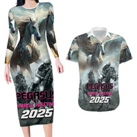 Personalized Pegasus Horse Racing 2025 Couples Matching Long Sleeve Bodycon Dress and Hawaiian Shirt Soar to Victory