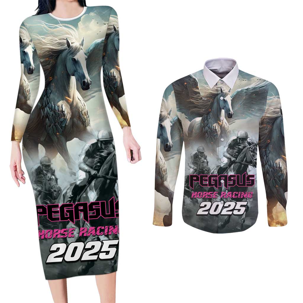 Personalized Pegasus Horse Racing 2025 Couples Matching Long Sleeve Bodycon Dress and Long Sleeve Button Shirt Soar to Victory