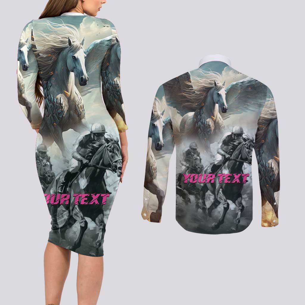 Personalized Pegasus Horse Racing 2025 Couples Matching Long Sleeve Bodycon Dress and Long Sleeve Button Shirt Soar to Victory