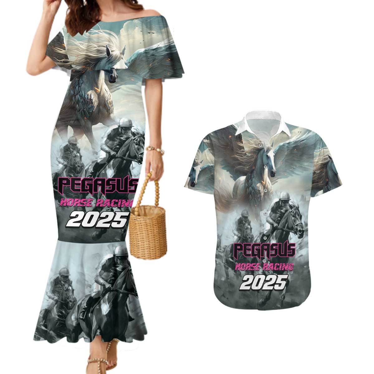 Personalized Pegasus Horse Racing 2025 Couples Matching Mermaid Dress and Hawaiian Shirt Soar to Victory