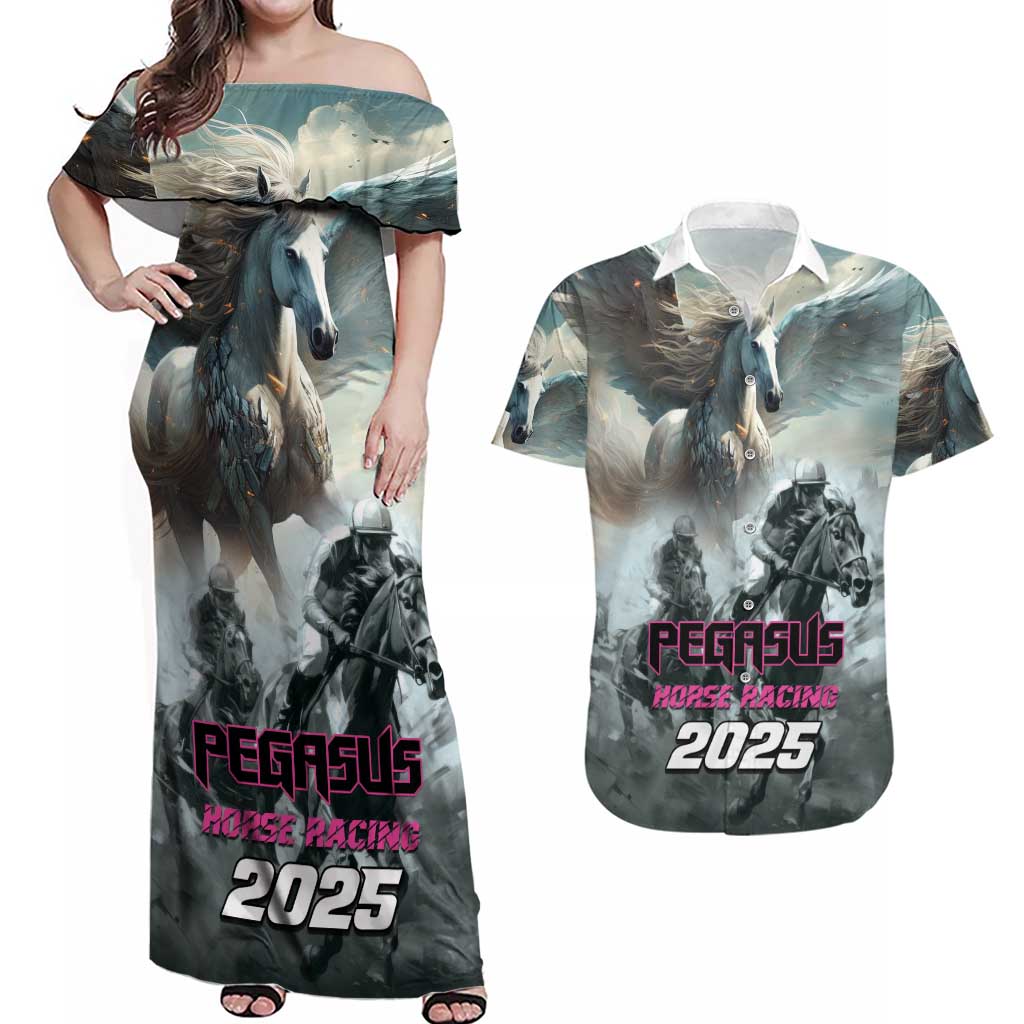 Personalized Pegasus Horse Racing 2025 Couples Matching Off Shoulder Maxi Dress and Hawaiian Shirt Soar to Victory