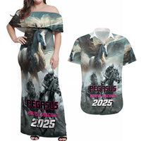 Personalized Pegasus Horse Racing 2025 Couples Matching Off Shoulder Maxi Dress and Hawaiian Shirt Soar to Victory