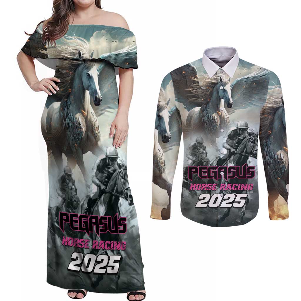 Personalized Pegasus Horse Racing 2025 Couples Matching Off Shoulder Maxi Dress and Long Sleeve Button Shirt Soar to Victory
