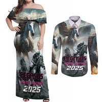Personalized Pegasus Horse Racing 2025 Couples Matching Off Shoulder Maxi Dress and Long Sleeve Button Shirt Soar to Victory