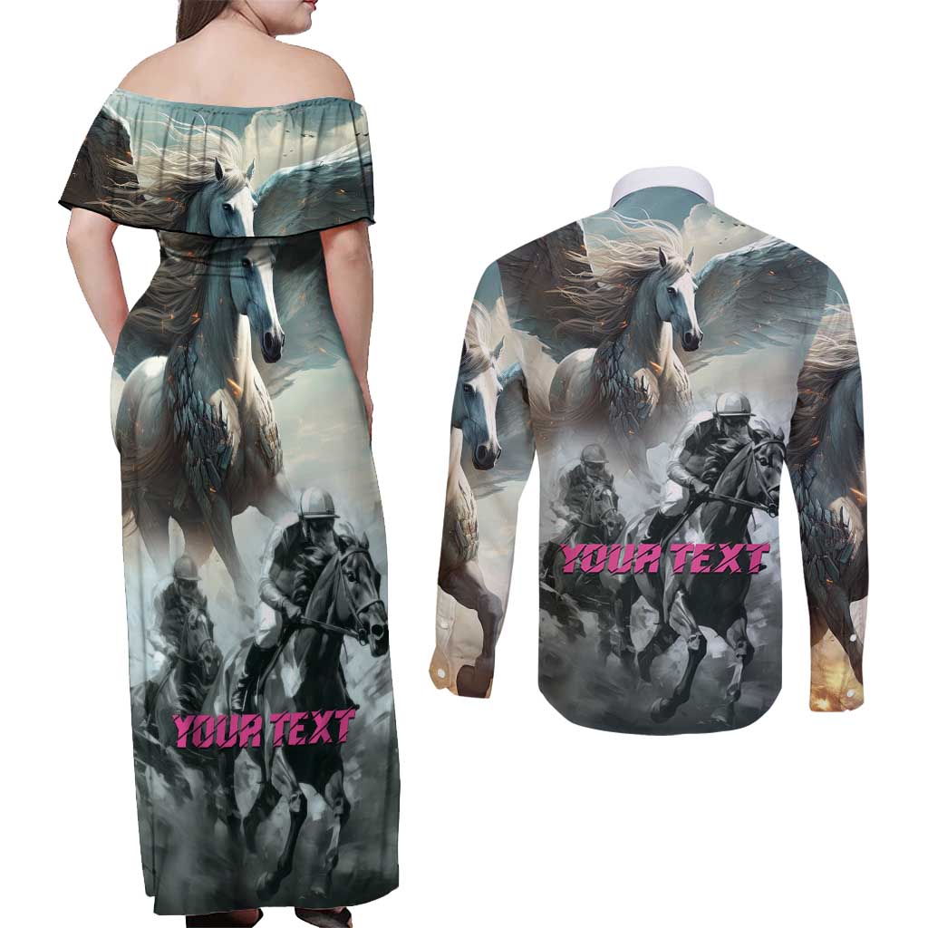 Personalized Pegasus Horse Racing 2025 Couples Matching Off Shoulder Maxi Dress and Long Sleeve Button Shirt Soar to Victory