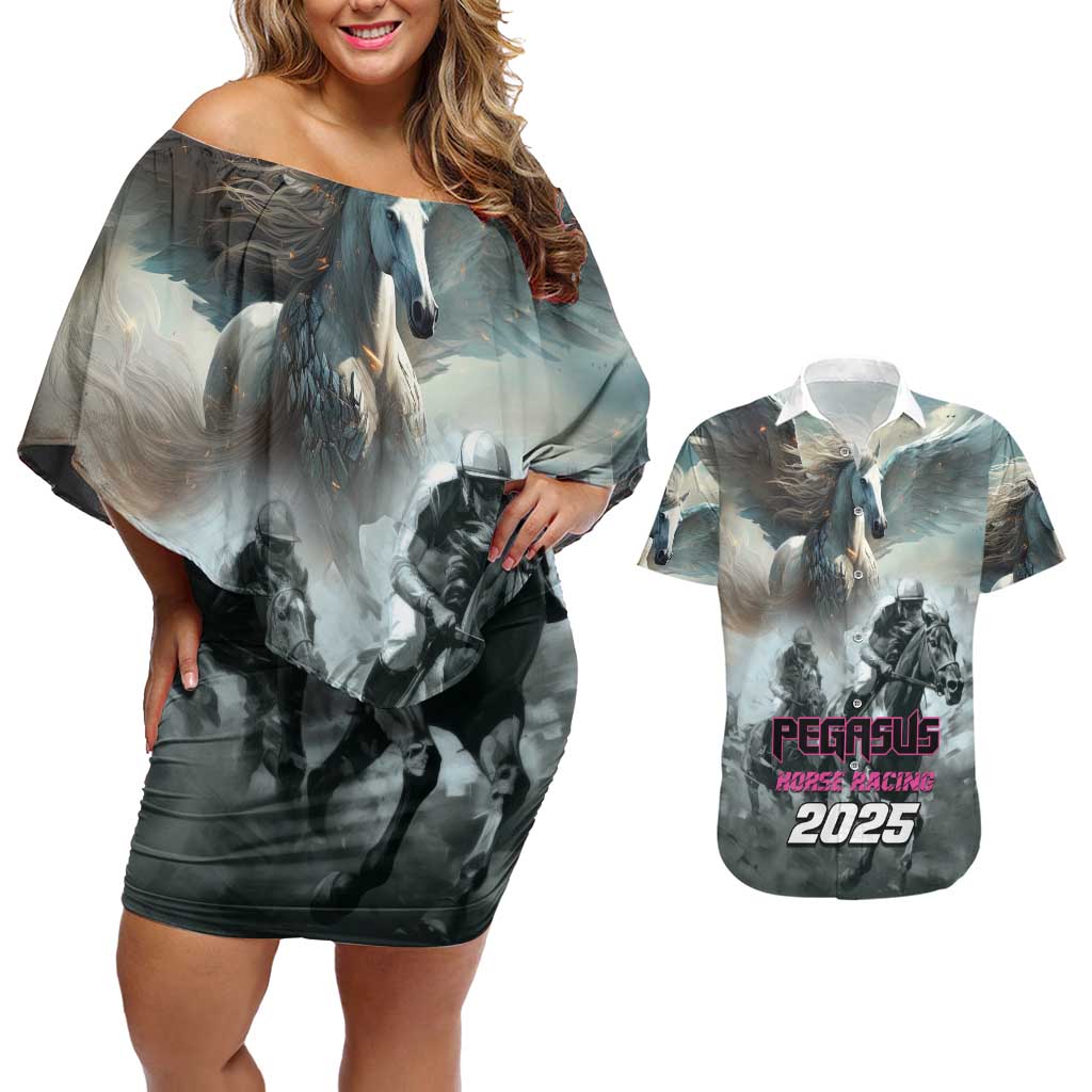 Personalized Pegasus Horse Racing 2025 Couples Matching Off Shoulder Short Dress and Hawaiian Shirt Soar to Victory