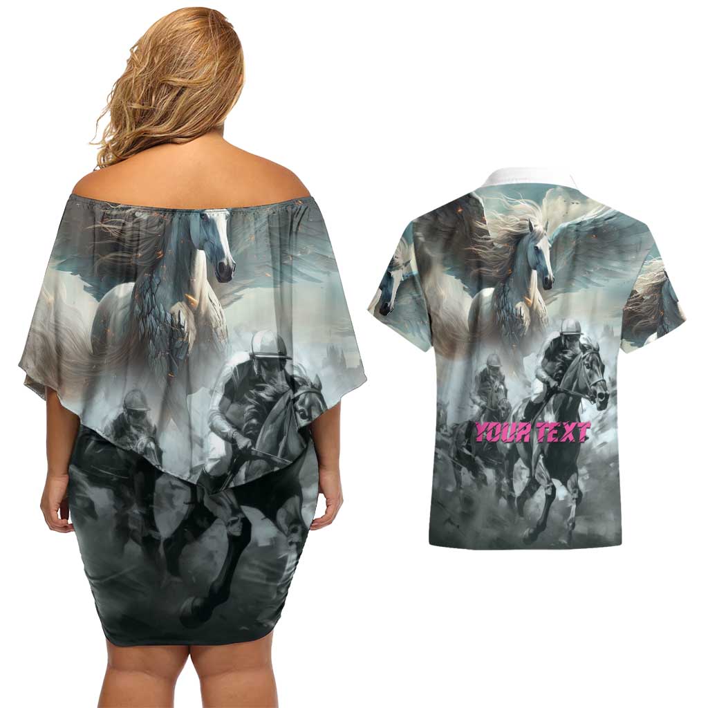 Personalized Pegasus Horse Racing 2025 Couples Matching Off Shoulder Short Dress and Hawaiian Shirt Soar to Victory